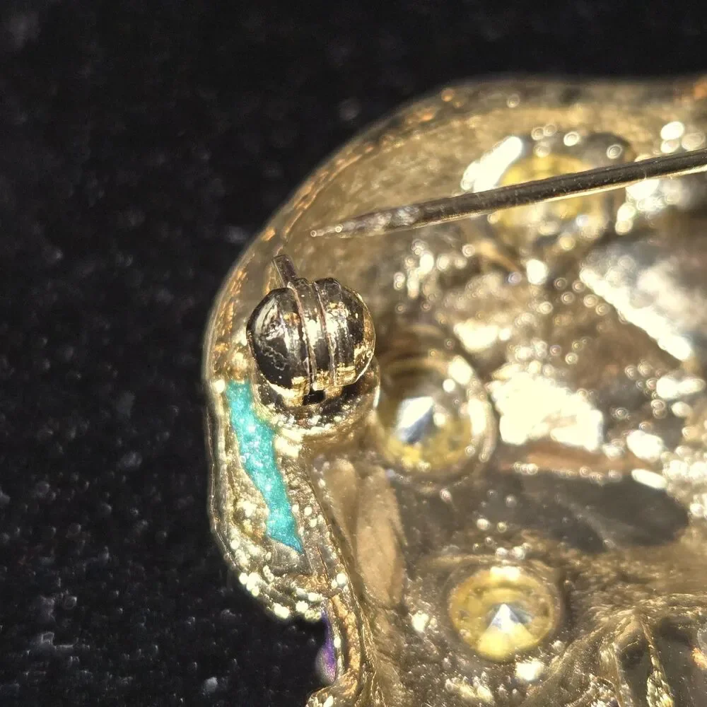 Unmarked VTG Multicolored Enamel & Rhinestone Gold Tone Trunk Up Elephant Brooch